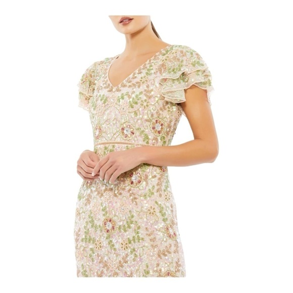 Mac Duggal Embellished Ruffled Cap Sleeve V Neck Gown NWT - Picture 3 of 10